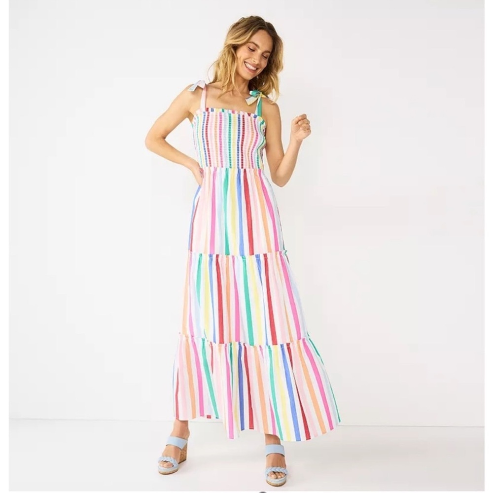 Draper James RSVP Rainbow Tiered Maxi Dress lined w/pockets XS NEW
